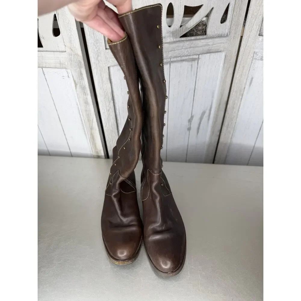 Cole Haan Brown Leather Studded Sides Knee High Boots Vintage Size 6.5